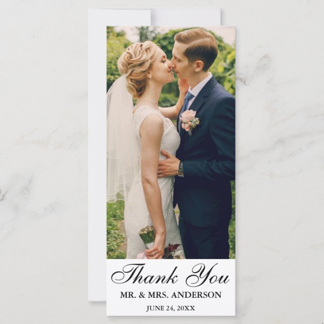 Elegant Script Wedding Photo Thank You Long Card (Front)