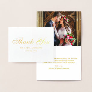 Elegant Script Wedding Photo Thank You Note Gold Foil Card