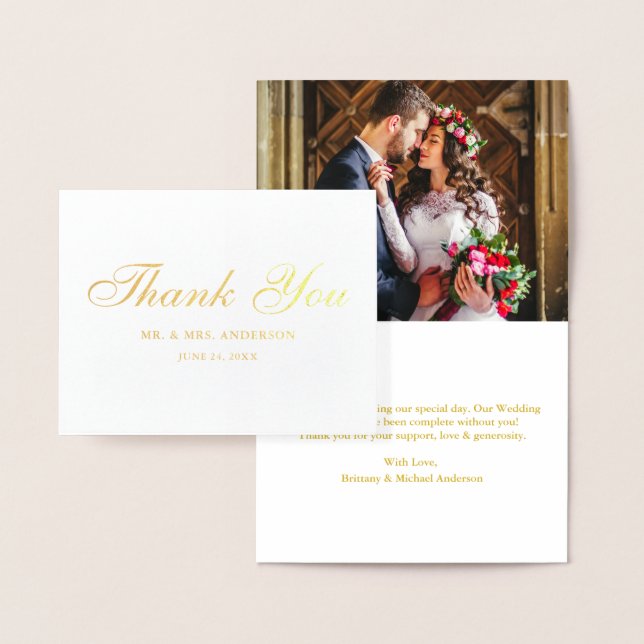 Elegant Script Wedding Photo Thank You Note Gold Foil Card (Display)