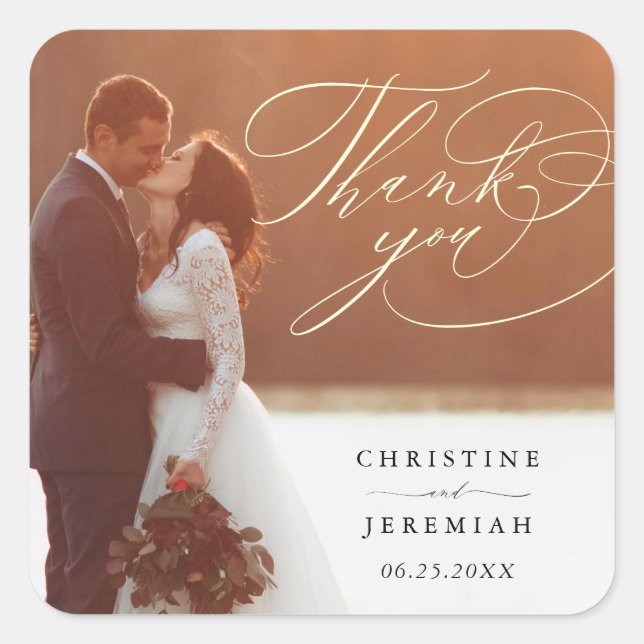 Elegant Script Wedding Photo Thank You Square Stic Square Sticker (Front)