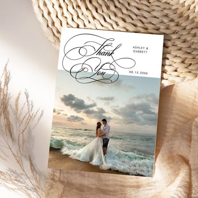 Elegant Script Wedding Photo White Thank You Card (Creator Uploaded)