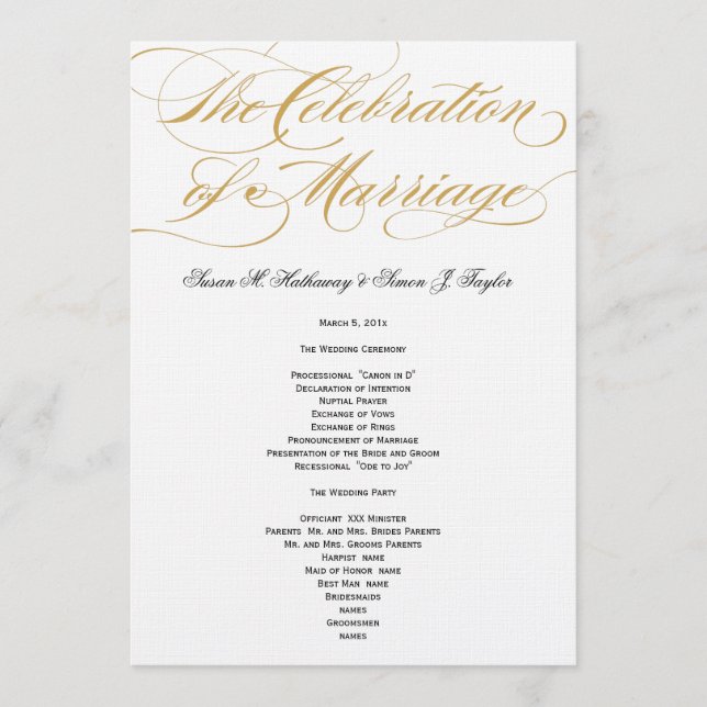 Elegant Script  Wedding Program - Gold (Front)