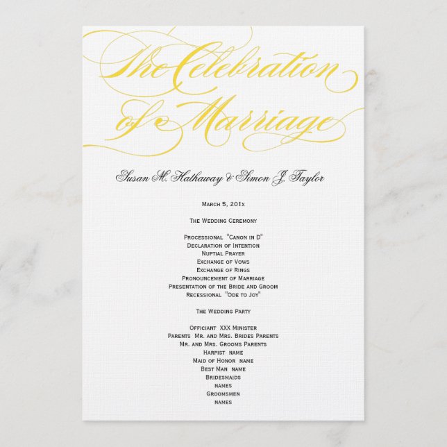 Elegant Script  Wedding Program - Yellow (Front)