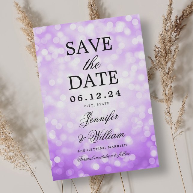 Elegant Script Wedding Purple Bokeh Lights  Save The Date (Elegant Script Wedding Purple Bokeh Lights Save The Date)