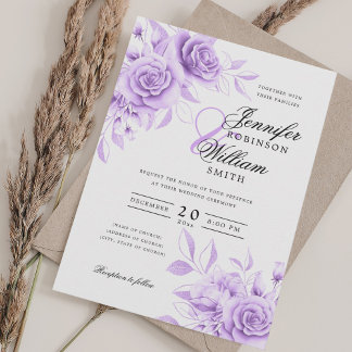 Elegant Script Wedding Purple Floral w/ QR RSVP Invitation