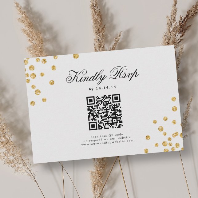 Elegant Script Wedding QR RSVP Gold Confetti  Card (Elegant Script Wedding QR RSVP Gold Confetti )