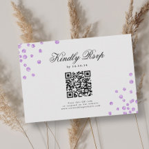 Elegant Script Wedding QR RSVP Purple Confetti 