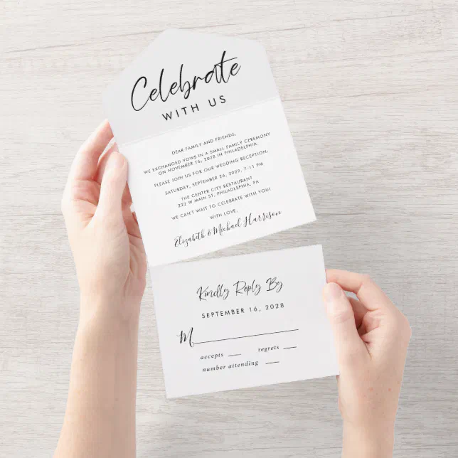 Elegant Script Wedding Reception All In One Invitation | Zazzle