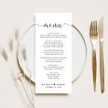 Elegant Script Wedding Reception Menu<br><div class="desc">Elegant wedding reception menu featuring "menu" in a stylish calligraphy script with swashes,  your custom menu in simple typography,  and your first names joined by a heart and your reception date.</div>