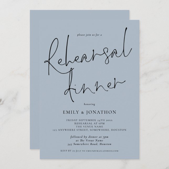 Elegant Script Wedding Rehearsal Dinner Dusty Blue Invitation (Front/Back)