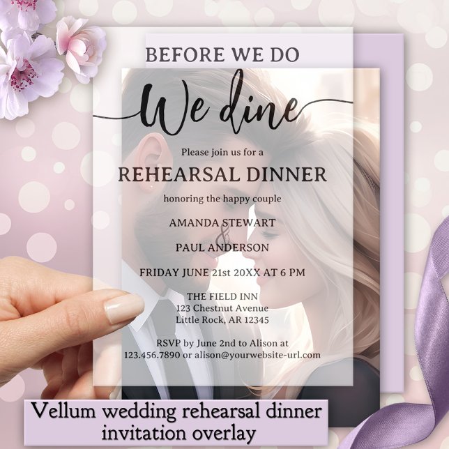 Elegant Script Wedding Rehearsal Dinner Vellum Invitations (Elegant script vellum wedding rehearsal dinner invitation. Beautiful to combine with a photo card)