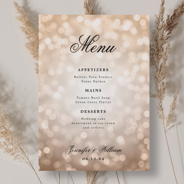 Elegant Script Wedding Rose Gold Bokeh Lights  Menu (Elegant Script Wedding Rose Gold Bokeh Lights Menu)