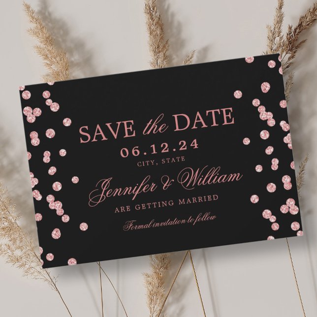Elegant Script Wedding Rose Gold Confetti Black Save The Date (Elegant Script Wedding Rose Gold Confetti Black Save The Date)