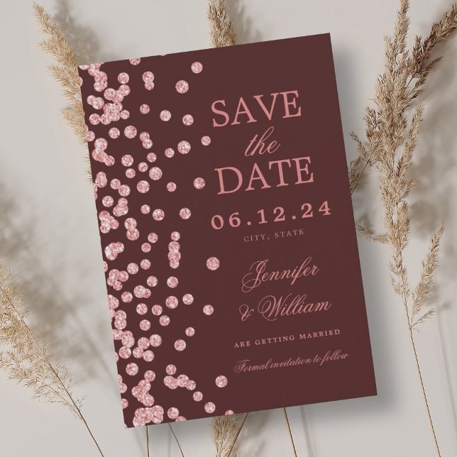 Elegant Script Wedding Rose Gold Confetti Burgundy Save The Date (Elegant Script Wedding Rose Gold Confetti Burgundy Save The Date)