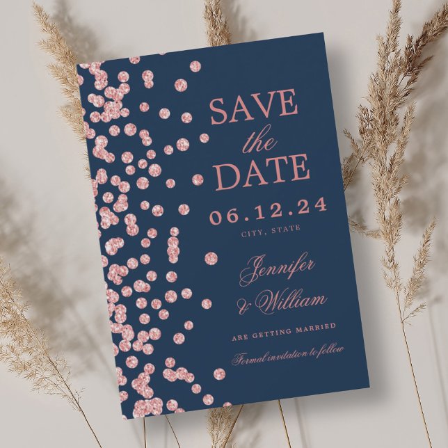 Elegant Script Wedding Rose Gold Confetti Navy  Save The Date (Elegant Script Wedding Rose Gold Confetti Navy Save The Date)