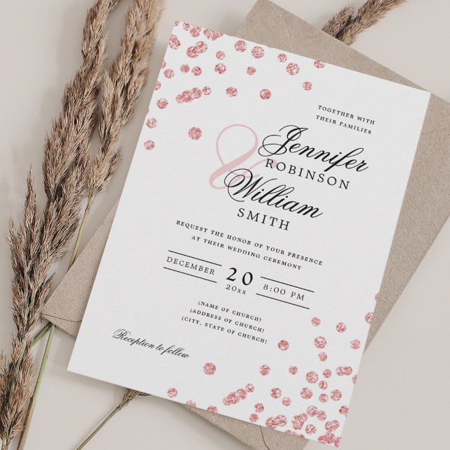Elegant Script Wedding Rose Gold Glitter Confetti  Invitation (Elegant Script Wedding Rose Gold Glitter Confetti Invitation)
