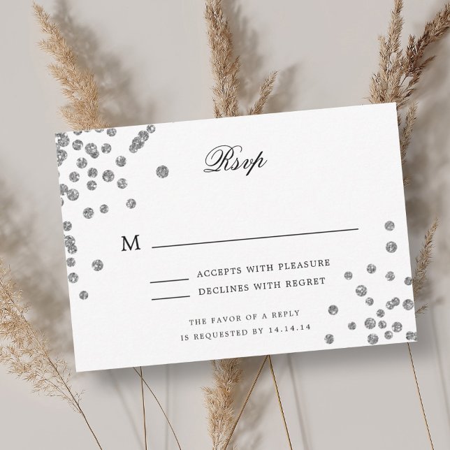 Elegant Script Wedding RSVP Silver Confetti  Card (Elegant Script Wedding RSVP Silver Confetti )