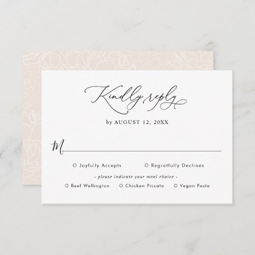 Elegant Script Wedding Rsvp with Meal Options Card - Designed to coordinate with our Romantic Script wedding collection, this customizable Meal Options RSVP card, features a sweeping calligraphy script text paired with a classy serif & modern sans font in black and with a dewy blush back. The text and background can be changed to any color to match your theme. To make advanced changes, go to "Click to customize further" option under Personalize this template.