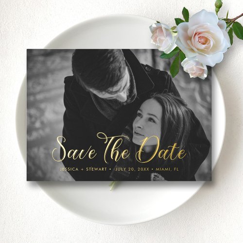 Elegant Script Wedding Save the Date Custom Photo Foil Invitation