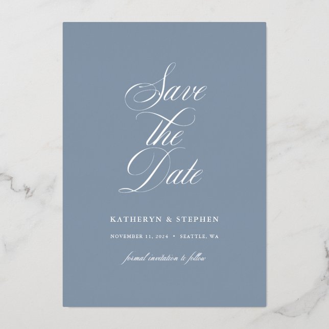 Elegant Script Wedding Save The Date Silver Foil Invitation (Front)