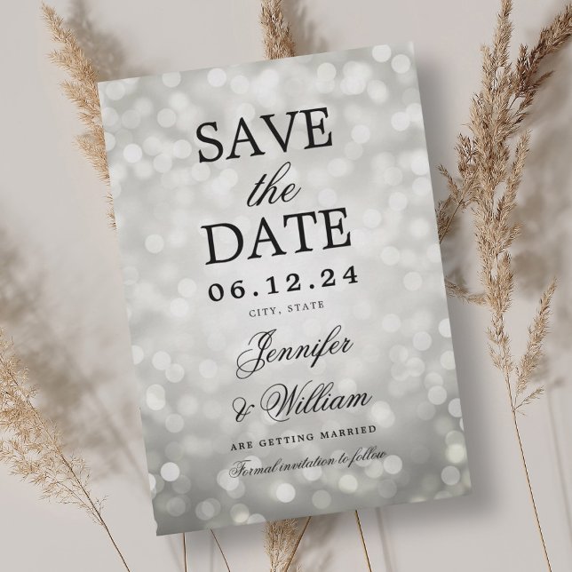 Elegant Script Wedding Silver Bokeh Lights  Save The Date (Elegant Script Wedding Silver Bokeh Lights Save The Date)