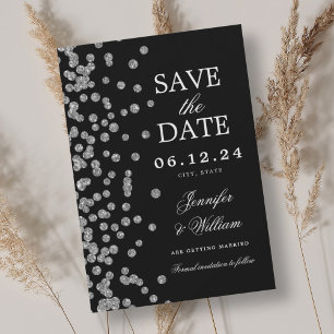 Elegant Script Wedding Silver Confetti Black  Save The Date