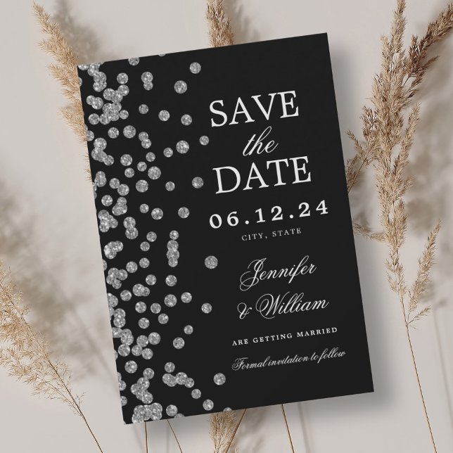 Elegant Script Wedding Silver Confetti Black  Save The Date (Creator Uploaded)