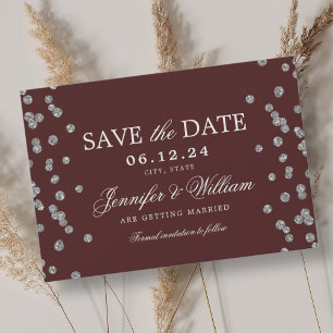 Elegant Script Wedding Silver Confetti Burgundy Save The Date