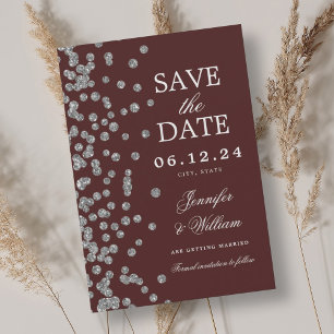 Elegant Script Wedding Silver Confetti Burgundy Save The Date