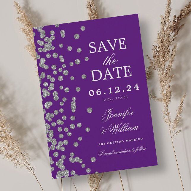 Elegant Script Wedding Silver Confetti Purple  Save The Date (Elegant Script Wedding Silver Confetti Purple Save The Date)