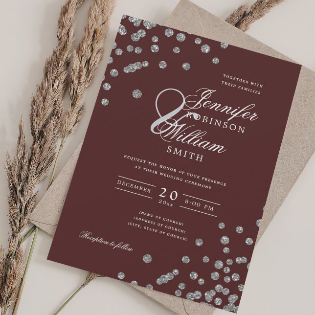 Elegant Script Wedding Silver Confetti QR Burgundy Invitation (Elegant Script Wedding Silver Confetti QR Burgundy Invitation)