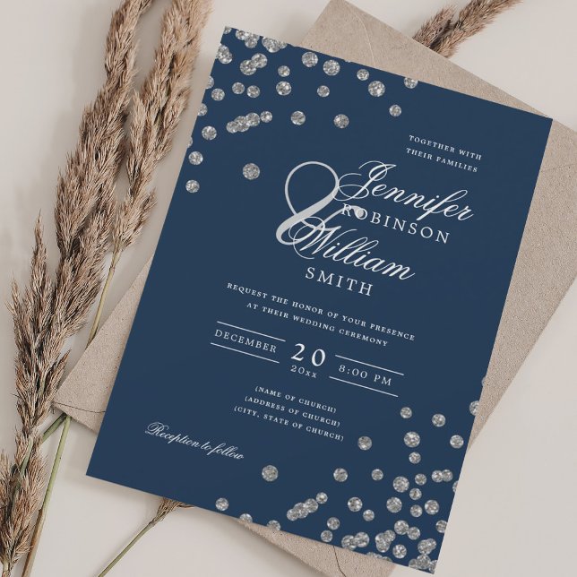 Elegant Script Wedding Silver Confetti QR Navy  Invitation (Elegant Script Wedding Silver Confetti QR Navy Invitation)