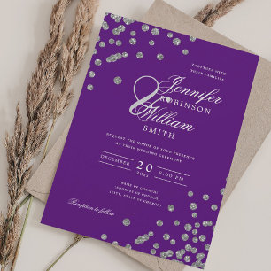 Elegant Script Wedding Silver Confetti QR Purple Invitation