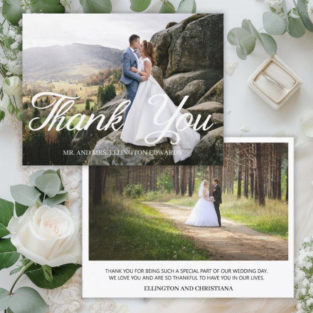 Elegant Script Wedding Thank You 2 Photo Postcard (Elegant calligraphy script, 2-photo wedding "Thank you" card)