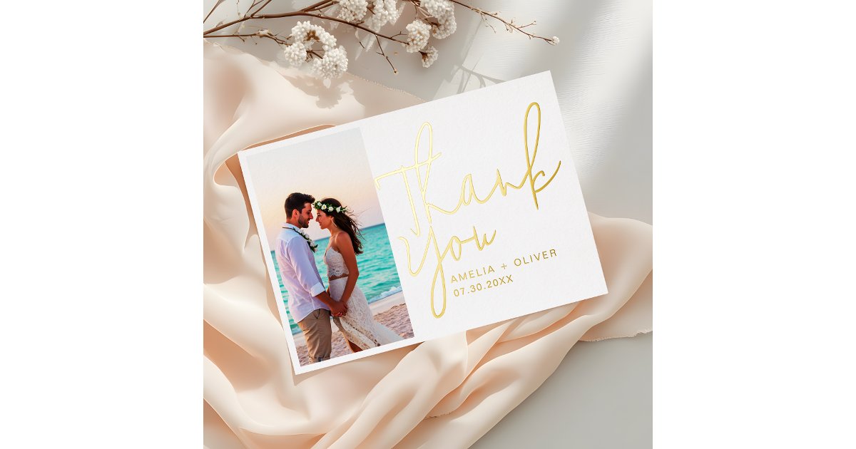 Elegant Script Wedding Thank You Card in Gold Foil | Zazzle