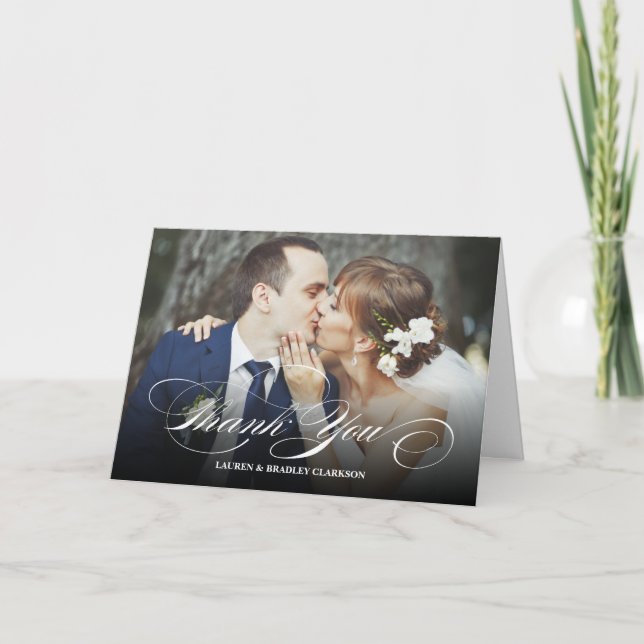 Elegant Script Wedding Thank You w. Photo Collage Card (Front)