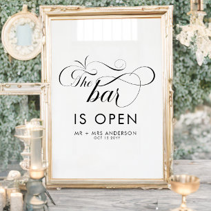 Elegant Script Wedding The Bar is Open Drinks Poster