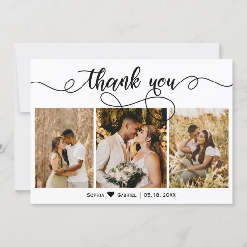 Elegant Script Wedding Three Photo Collage  Thank You Card