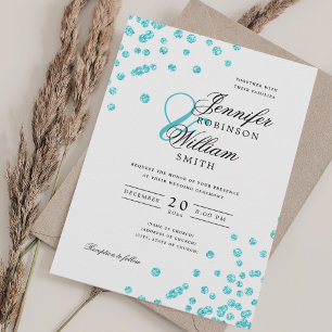 Elegant Script Wedding Turquoise Glitter Confetti Invitation