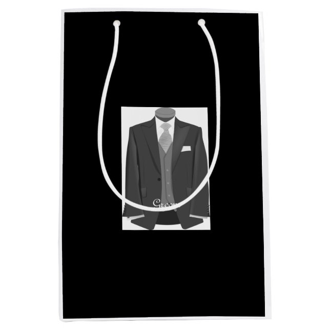 Elegant Script Wedding Tuxedo Suit Groom Black  Medium Gift Bag (Front)