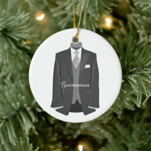Elegant Script Wedding Tuxedo Suit Groomsman  Ceramic Ornament