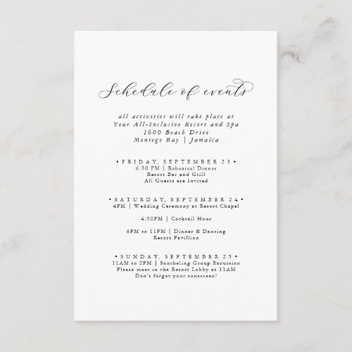 Elegant Script Wedding Weekend Schedule of Events  Enclosure Card