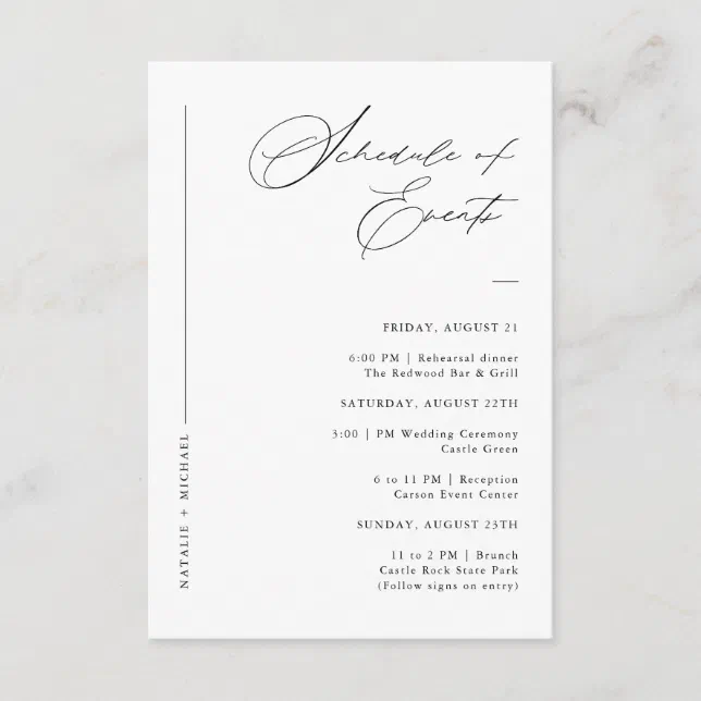 Elegant Script Wedding Weekend Schedule Of Events Enclosure Card | Zazzle