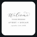 Elegant Script Wedding Welcome Square Sticker<br><div class="desc">These elegant script wedding welcome stickers are perfect for a simple wedding. The minimalist black and white design features fancy romantic typography with modern glam style. Customizable in any color. Keep the design minimal and classy, as is, or personalize it by adding your own graphics and artwork. Personalize these stickers...</div>