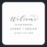 Elegant Script Wedding Welcome Square Sticker<br><div class="desc">These elegant script wedding welcome stickers are perfect for a simple wedding. The minimalist black and white design features fancy romantic typography with modern glam style. Customizable in any color. Keep the design minimal and classy, as is, or personalize it by adding your own graphics and artwork. Personalize these stickers...</div>
