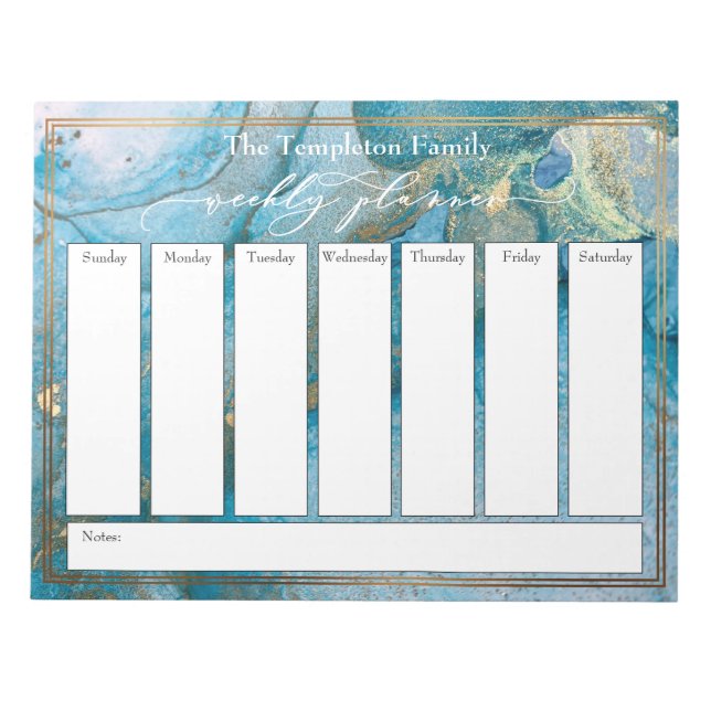 Elegant Script Weekly Planner Teal & Gold Art Notepad (Front)