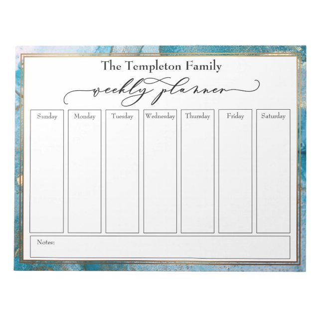 Elegant Script Weekly Planner Teal & Gold Art Notepad (Front)