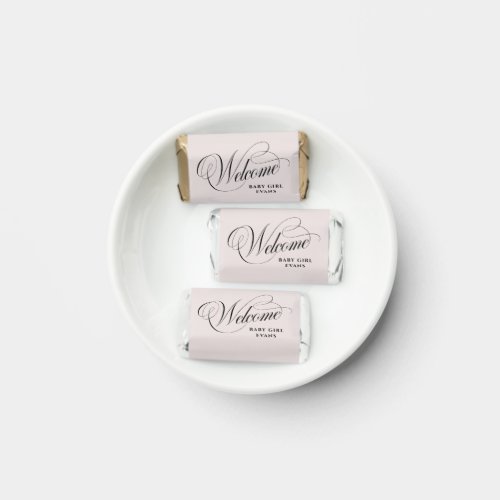 Elegant script welcome baby blush pink baby shower hersheys miniatures