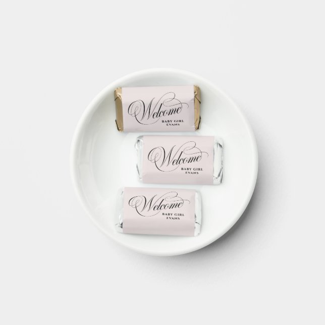 Elegant script welcome baby blush pink baby shower hershey's miniatures (Plate)
