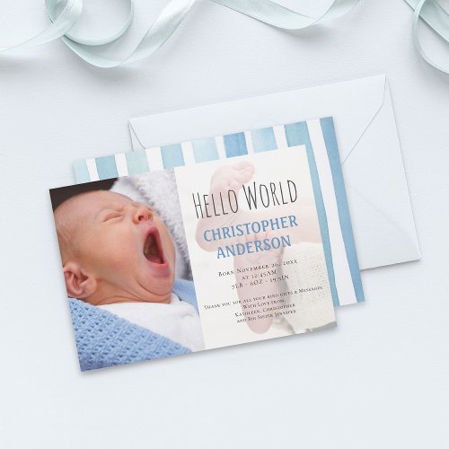 Elegant Script Welcome Baby boy Photo Blue Birth Announcement